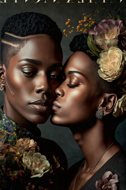 Pareja negra, mujer y hombre con flores cerca de besarse Celebrando el Mes de la Historia Afroamericana