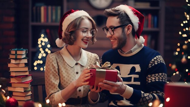 Foto una pareja de nerds intercambiando regalos de navidad