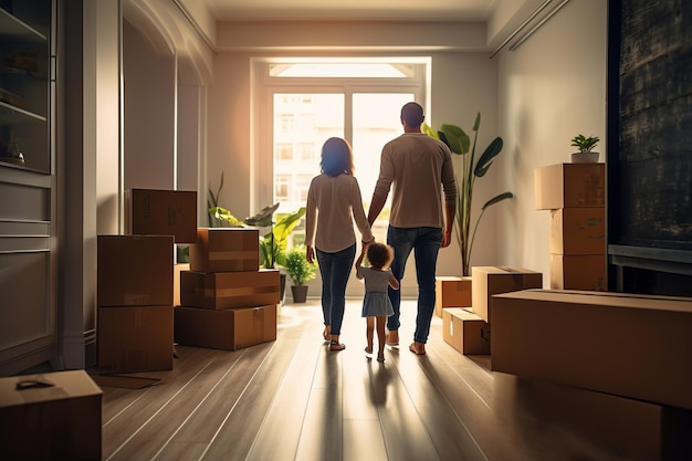 La pareja con el niño está de pie en el interior en la habitación doméstica Vista trasera caminando hacia la ventana