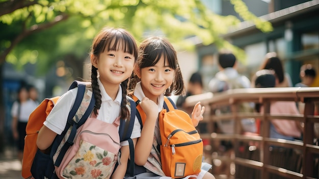 pareja de niños asiáticos yendo a la escuela niños felices primer día de clase sonriendo a la cámara con espacio para copiar