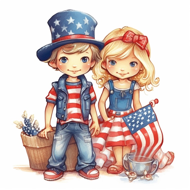una pareja de niños vestidos con ropa patriótica de pie uno al lado del otro generativo ai
