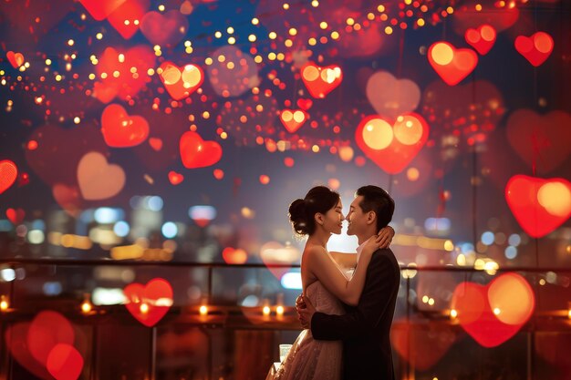 Pareja en la noche del día de San Valentín en un restaurante romántico celebrando el amor pragma