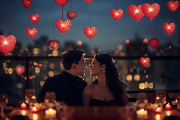 Pareja en la noche del día de San Valentín en un restaurante romántico celebrando el amor pragma