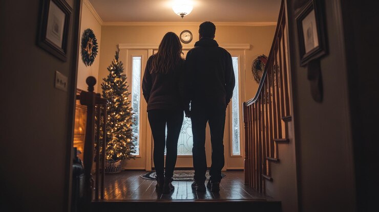 Una pareja nostálgica en el hogar de la infancia, una escena reflexiva y emocional