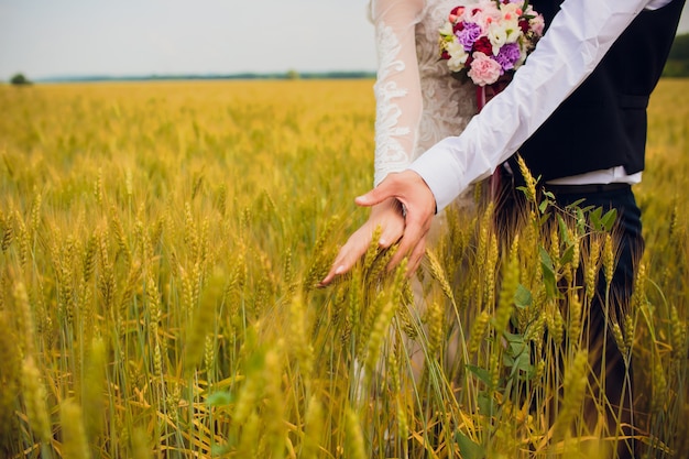 Pareja novia y el novio en el fondo del campo.