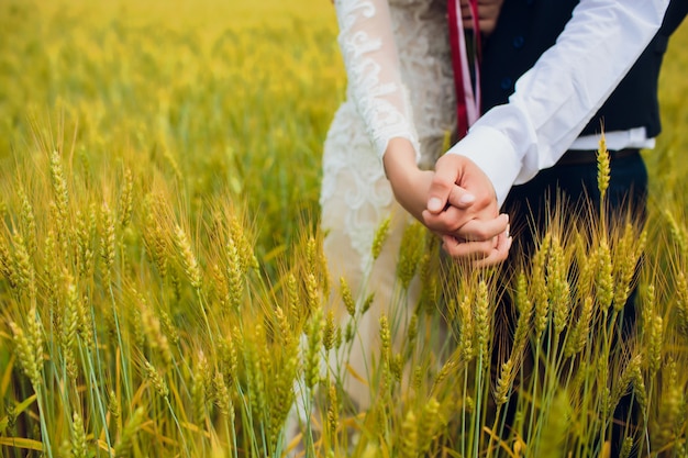 Pareja novia y el novio en el fondo del campo.