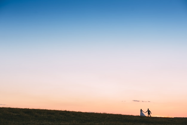 Pareja novia y el novio en el fondo del campo.