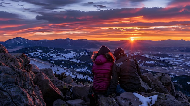 Una pareja observando la puesta de sol desde la cima de una montaña el cielo es de un naranja brillante y las montañas están cubiertas de nieve