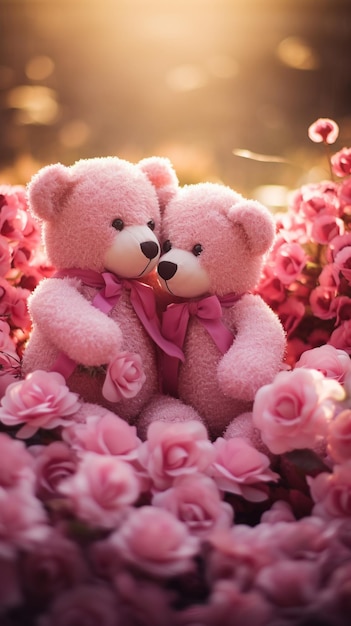 Pareja osos de peluche abrazando flores jardín hierba verde concepto de día de San Valentín IA generativa
