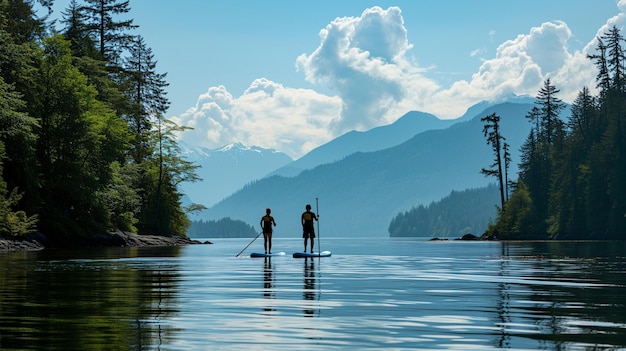 Foto una pareja de paddleboard en un lago tranquilo con montañas y árboles en la distancia