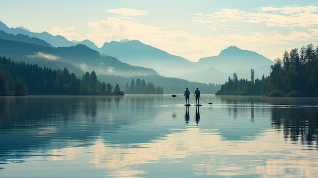 Una pareja de paddleboard en un lago tranquilo con montañas y árboles en la distancia