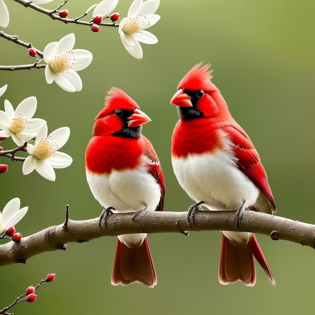 Pareja de pájaros cardinales románticos en rama IA generativa