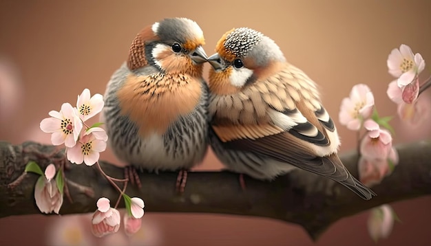 Pareja de pájaros pinzones románticos en una rama Concepto de amor IA generativa