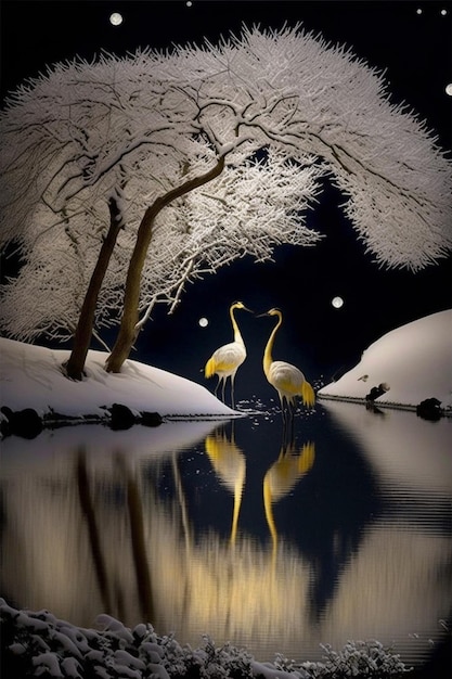 Foto pareja de pájaros que están parados en la nieve ai generativo