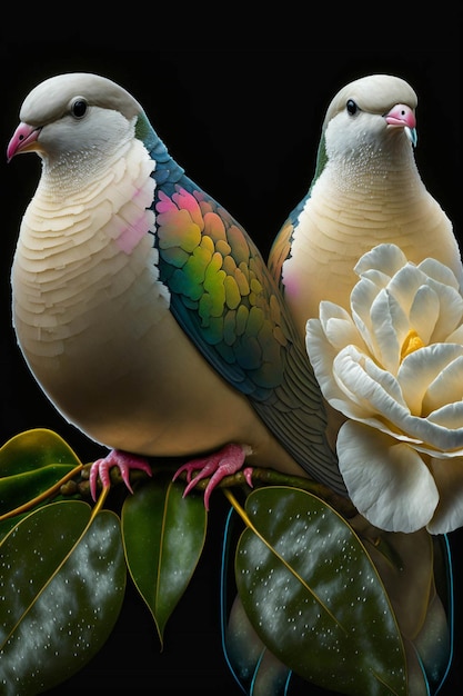 Pareja de pájaros sentados encima de una flor generativa ai