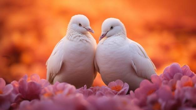 Pareja de palomas blancas sentadas en flores rosas IA generativa