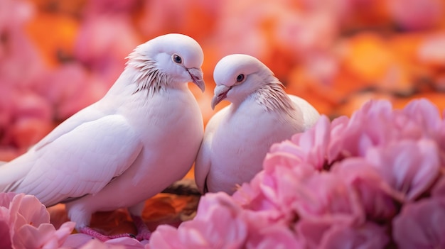 Pareja de palomas blancas sentadas en flores rosas IA generativa