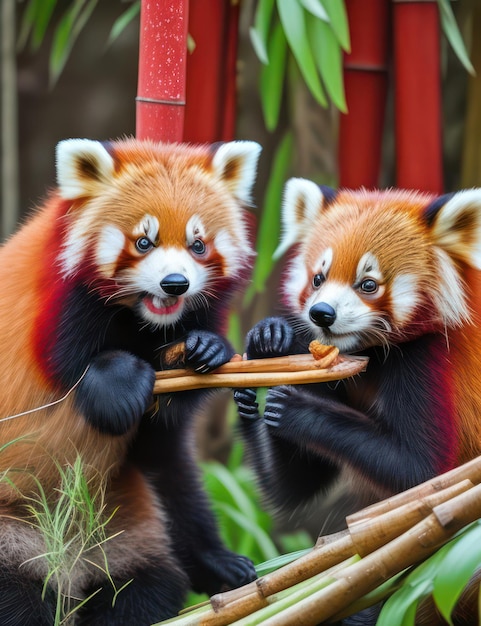 Una pareja de pandas rojos y lindos compartiendo un bambú.