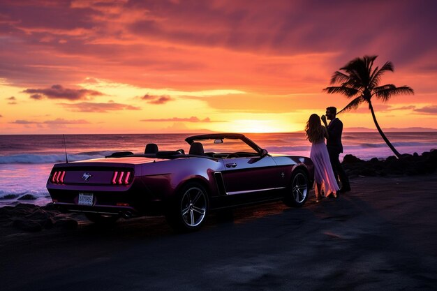 una pareja parada en una playa con un convertible y una palmera al fondo.