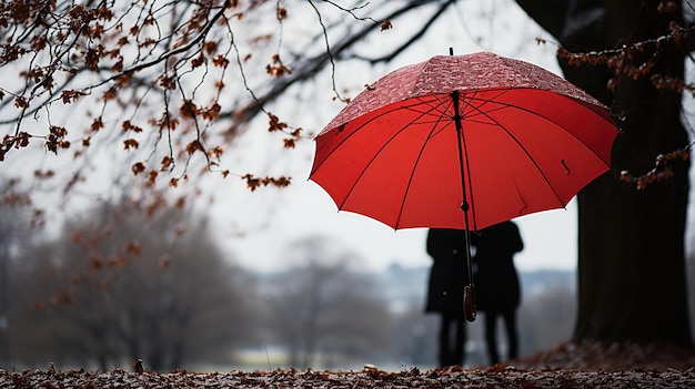 Una pareja bajo un paraguas caminando por un parque lluvioso en una tarde de otoño