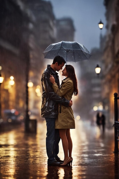 Pareja con paraguas bajo la lluvia