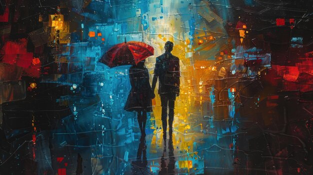 Una pareja bajo un paraguas sus reflejos brillan en las calles llenas de lluvia salpicaduras de color de paraguas