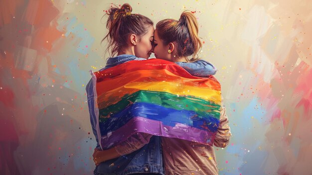 Foto pareja pareja romántica juntos feliz día del orgullo bandera lgbt