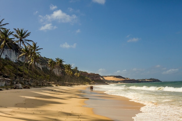 Una pareja pasea por una playa brasileña