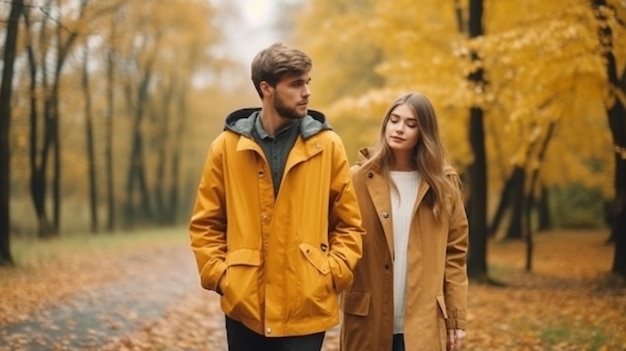 Una pareja paseando por el bosque de otoño