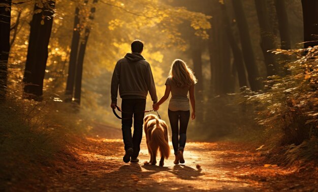 Una pareja paseando a su perro en el parque de otoño