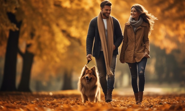 Una pareja paseando a su perro en el parque de otoño