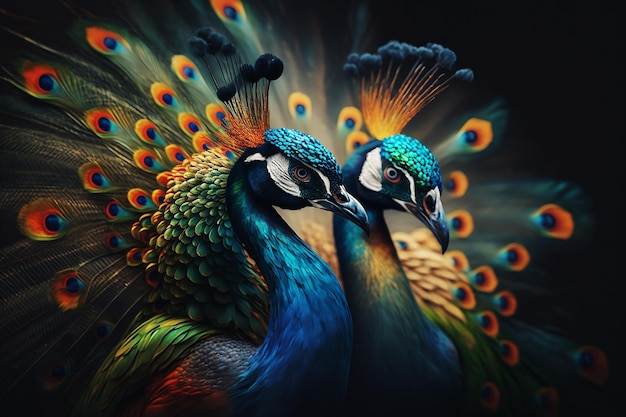 Pareja de pavos reales sobre fondo oscuro