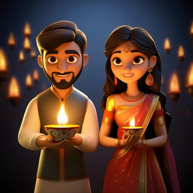 Pareja de personajes 3d celebrando diwali y karwa chauth