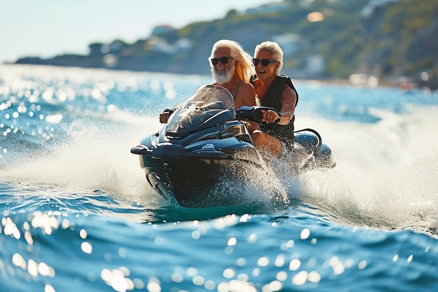 Foto una pareja de personas mayores en jet ski.