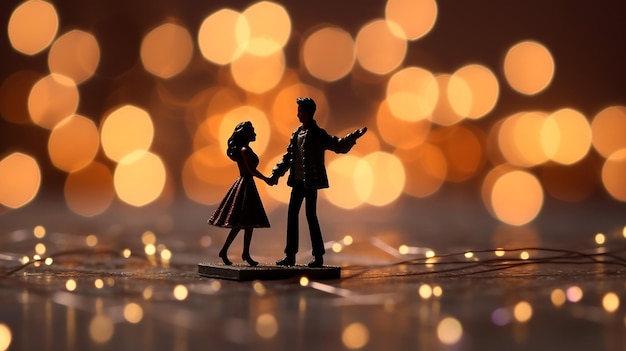 Pareja de personas en miniatura bailando con fondo bokeh