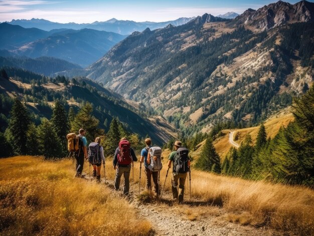 Pareja de personas con mochilas caminando en las montañas al aire libre