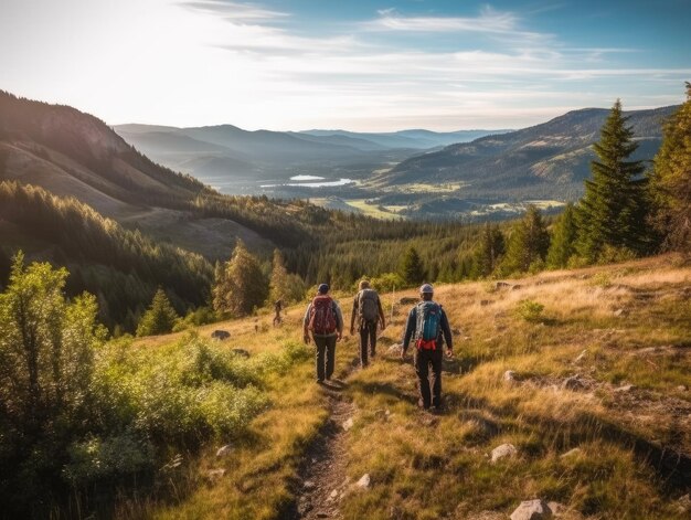 Foto una pareja de personas con mochilas caminando por las montañas al aire libre