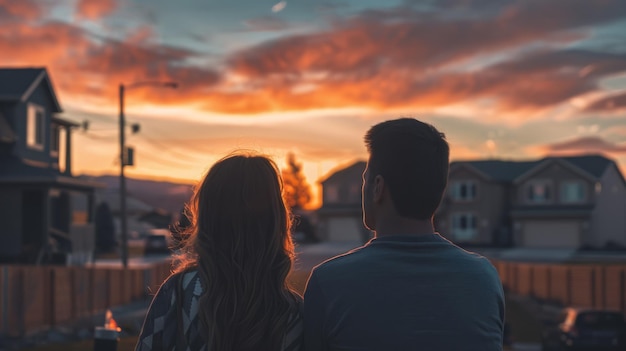 Una pareja de pie antes de la puesta del sol