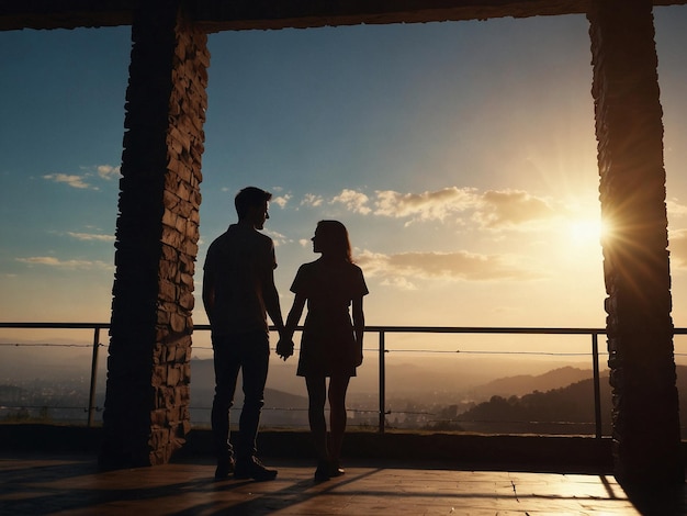 una pareja de pie en un balcón y mirar la puesta de sol