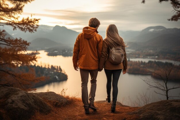 Pareja de pie en la cima de la colina en una caminata con un hermoso lago IA generativa