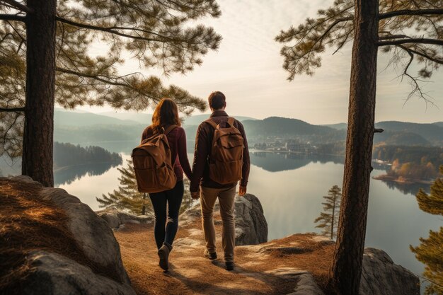 Pareja de pie en la cima de la colina en una caminata con un hermoso lago IA generativa