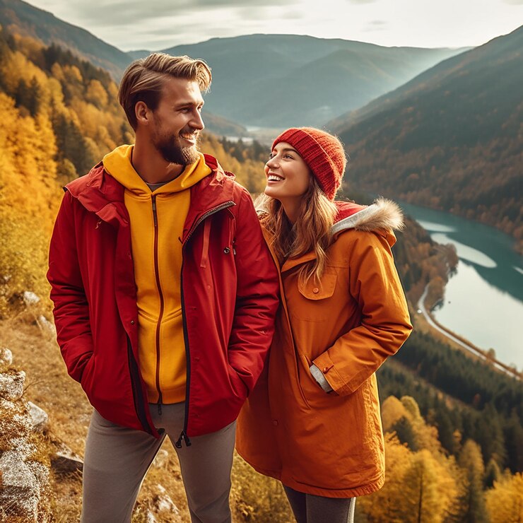 Una pareja de pie en la cima de una montaña con un lago al fondo
