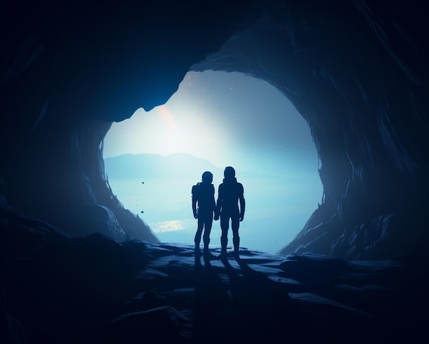 Una pareja de pie en una cueva con el sol brillando sobre ellos.