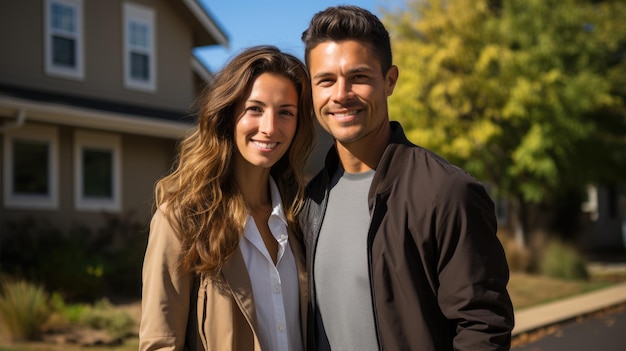 Una pareja de pie frente a una casa nueva.