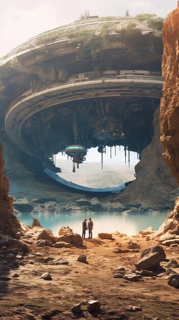 una pareja de pie frente a una cascada con una gran cueva de hielo en el fondo