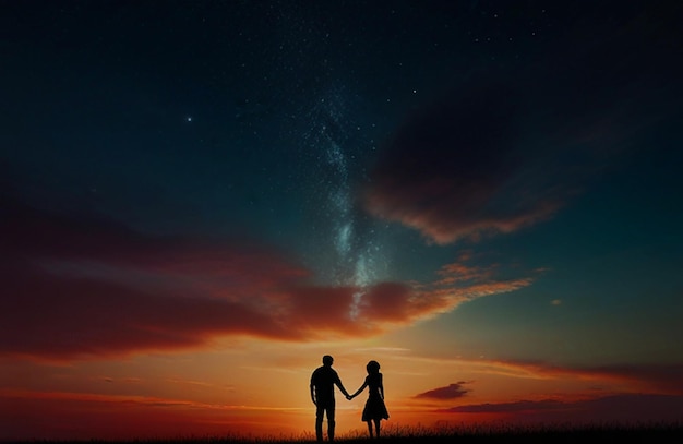 una pareja de pie frente a un cielo de puesta de sol con las estrellas en el fondo