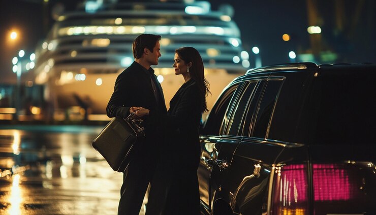 una pareja de pie frente a un coche con las luces encendidas