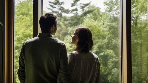 Pareja de pie frente a una ventana con vista a un árbol verde IA generativa