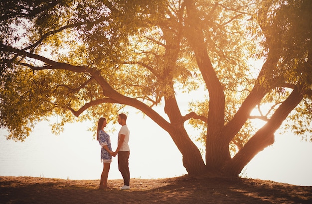 Pareja de pie bajo un gran árbol