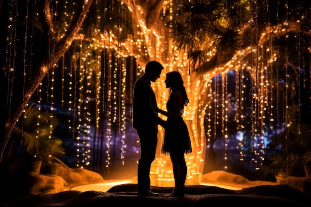 Foto una pareja de pie en el medio de un jardín botánico por la noche jardín de las luces propuesta